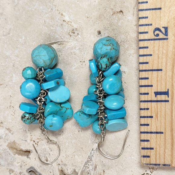 Sterling Silver/Turquoise Howlite Cluster Dangle Earrings - Picture 3 of 4